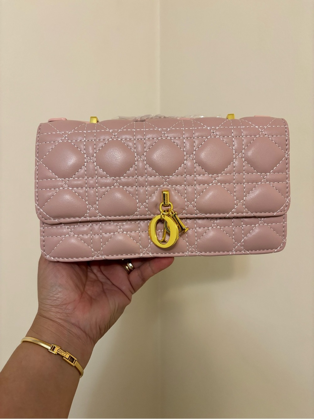 Pink Quilted Leather Shoulder Bag with Gold Charm